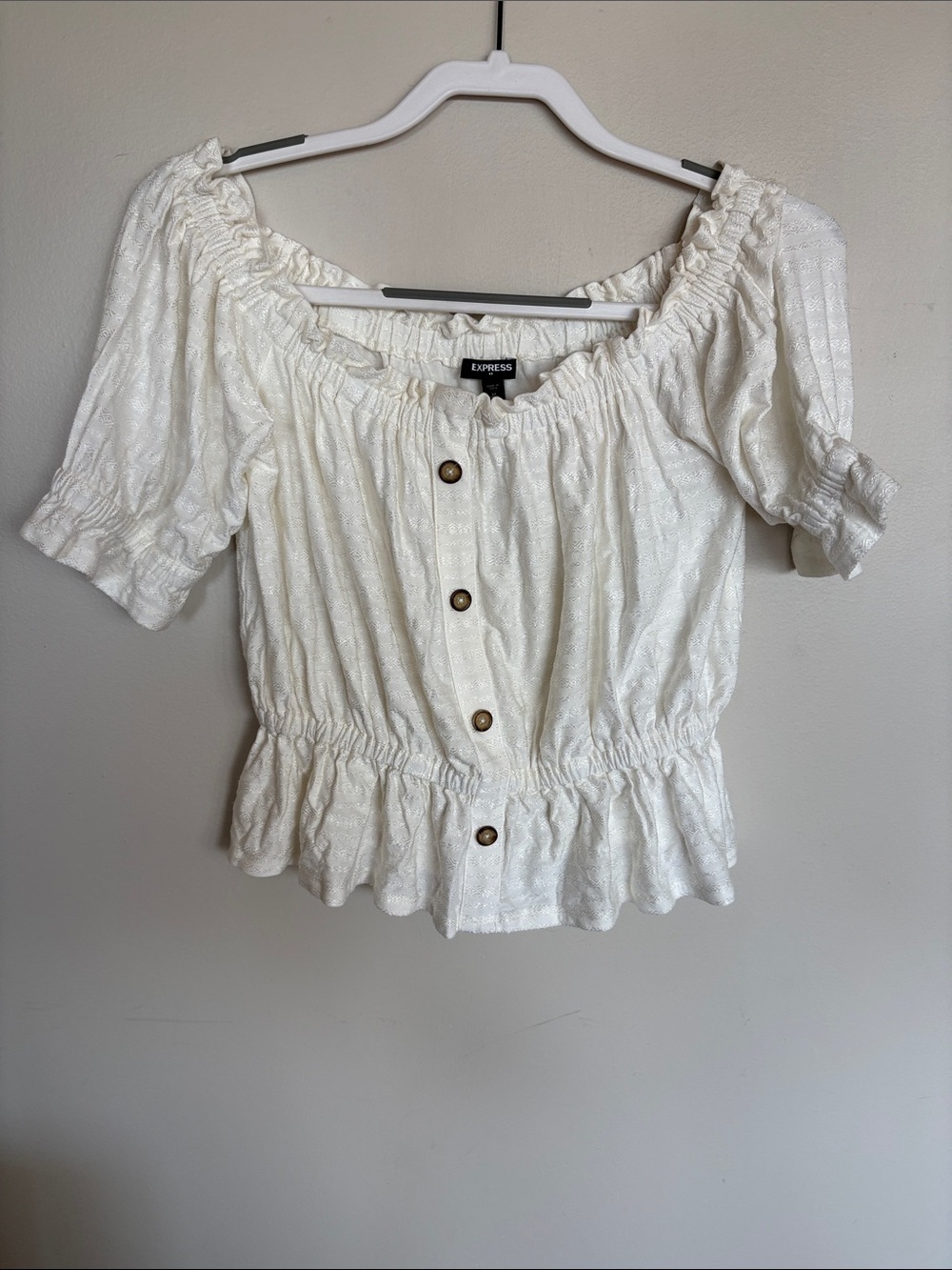 Express White Textured Peplum Off Shoulder Puff Sleeve Top Medium
